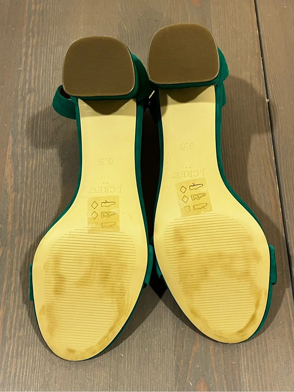 J Crew Sandals Green Suede Chunk Heel Open toe ankle strap Size 6.5 Office